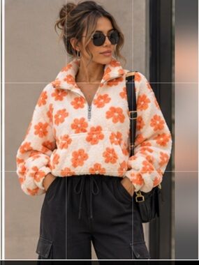 day + moon White Sherpa Pullover with Orange Floral Print